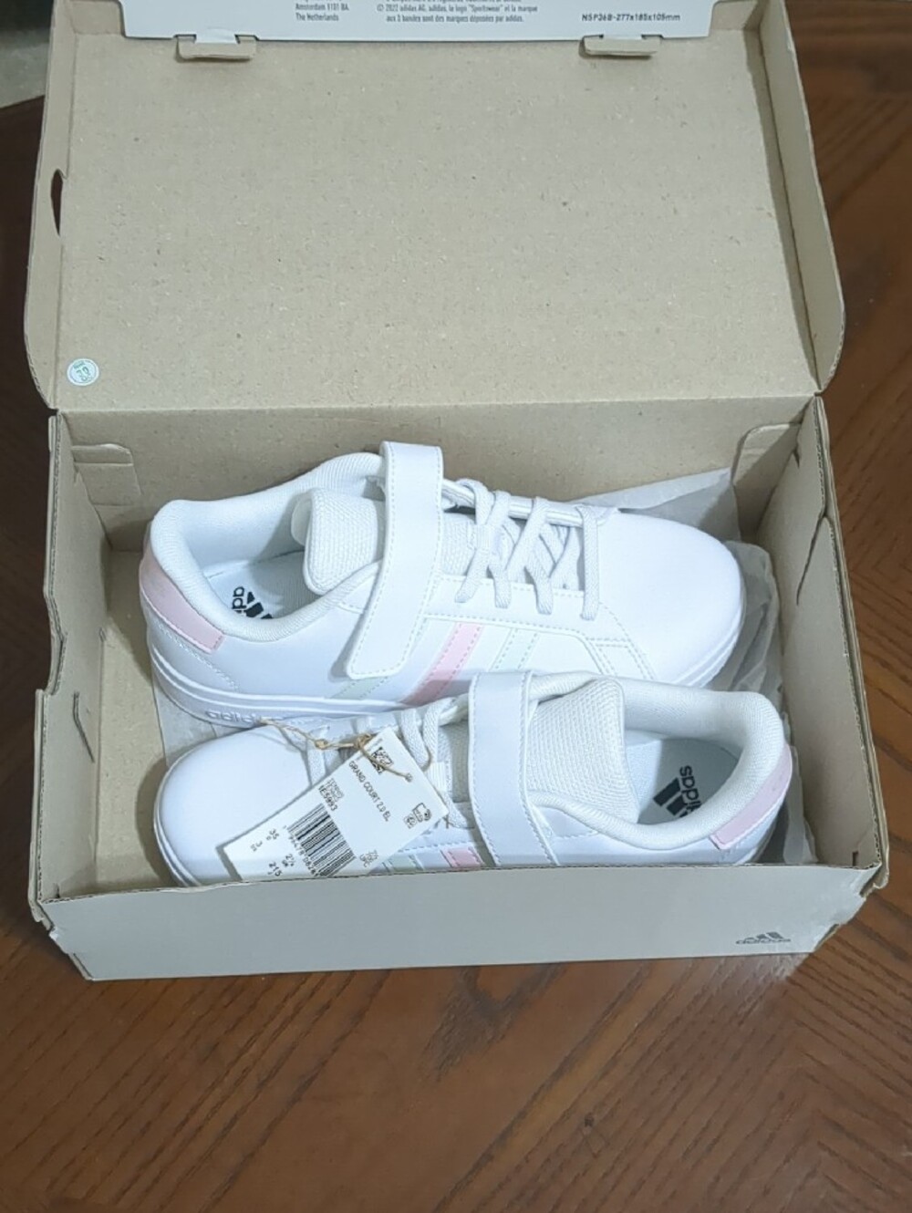 adidas Kids White Sneakers with Pastel Pink and Pastel Green Stripes - Picture 5 of 6